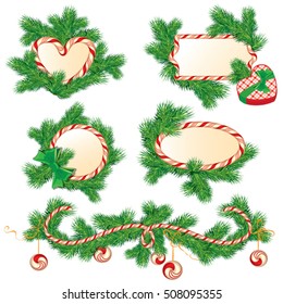 Set of fir-tree branches, Candy frames and borders, elements for winter holidays design, isolated on white background. Merry Christmas and Happy New Year theme.