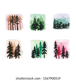 Set of Fir-tree Forest Isolated. Abstract Watercolor Free Hand Drawn Illustration for Postcard, Invitation, Banner for Design