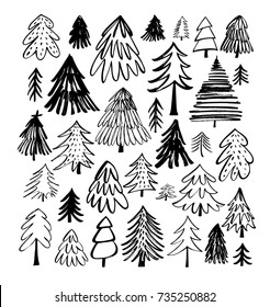 Set of fir-trees. Christmas trees elements. Holiday decoration. Ink illustration. Modern brush calligraphy. Isolated on white background.