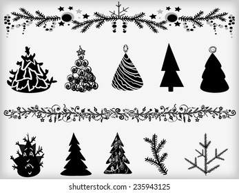 Set of fir-trees and garlands Set of silhouettes of Christmas fir-trees and garlands. Vector illustration.
