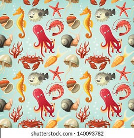 Set of fish and animals from sea.