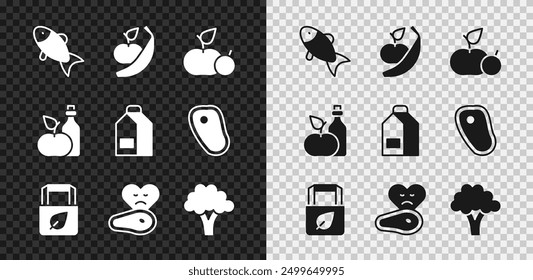 Set Fish, Apple and banana, Shopping bag with recycle, Steak meat, Broccoli, cider vinegar bottle and Paper package for milk icon. Vector