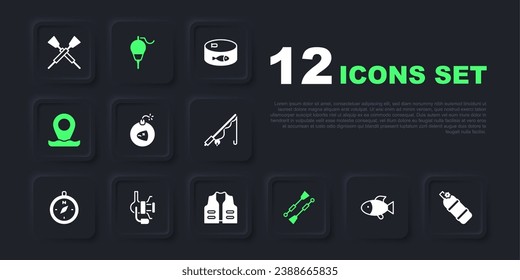 Fijar el barco de peces, Aqualung, Bomba, Oars o palas, la pesca de localización, el carrete giratorio para, el flotador pesquero y el icono de la chaqueta. Vector