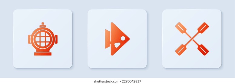 Set Fish, Aqualung and Paddle. White square button. Vector