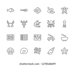 Set of fish, aquatic animal and seafood line icons. Fishbone, flounder, eel, turtle, crab, crayfish, shrimp, squid, sprats, sushi dish, seashell, starfish, octopus, seaweed and more.