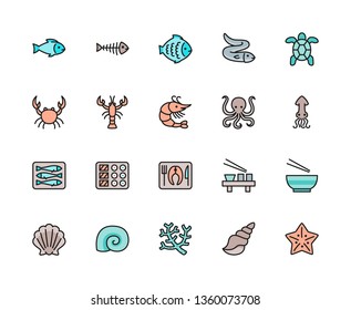 Set of Fish, Aquatic Animal and Seafood Flat Color Line Icons. Flounder, Eel, Turtle, Crab, Crayfish, Shrimp, Squid, Sprats, Sushi Dish, Seashell, Octopus, Seaweed and more. Pack of 48x48 Pixel Icons