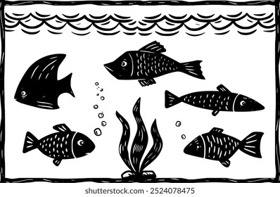 conjunto de peces en un medio acuático. Estilo xilográfico y Vectores separados.