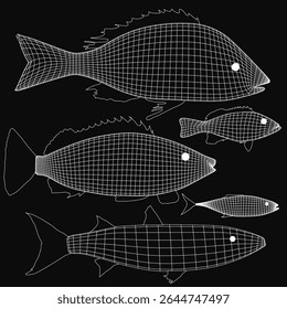 Peixe arranjado em uma linha sobre um fundo preto, cada um com uma forma e tamanho únicos. Uma sobreposição de wireframe branca destaca suas formas, criando um contraste impressionante contra o fundo escuro.