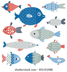 set of fish art, flat style vector illustration.
