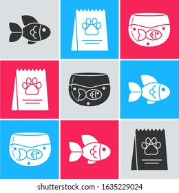 Set Fish, Bag of food for dog and Aquarium with fish icon. Vector