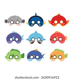 Set Fish Birthday Mask Flat Design Cartoon Icon Illustration