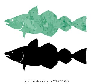 set of fish - black silhouette and vector watercolor texture