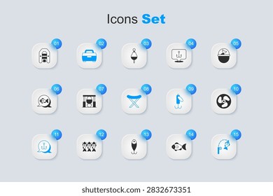 Set Fish, Campfire and pot, Case or box for fishing equipment, Fishing hook, rod, Outboard boat motor, Inflatable with and Camping folding chair icon. Vector