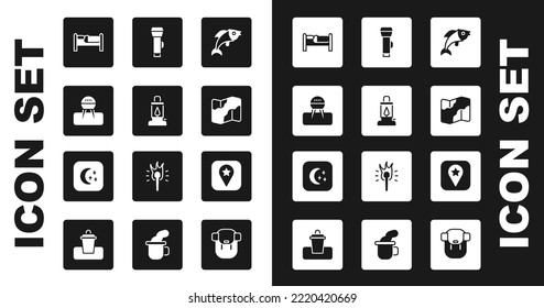 Set Fish, Camping Lantern, Barbecue Grill, Bed, And Hiking On Map, Flashlight, Location For Camping And Moon Stars Icon. Vector