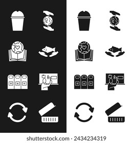 Set Fish care, Earth globe and book, Paper glass water, Hands holding, Trash garbage cans sorted, Stop plastic pollution, Lunch box and Refresh icon. Vector