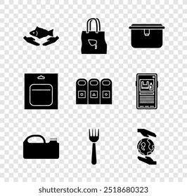 Set Fish care, Shopping bag with recycle, Lunch box, Canister for machine oil, Disposable plastic fork, Hands holding Earth globe, Battery pack and Trash garbage cans sorted icon. Vector