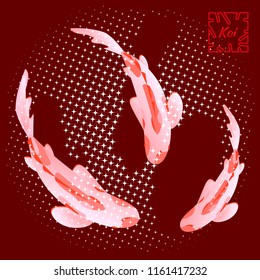 Set with fish, carp koi against background of bright burgundy color. Vector illustration, Cyprinus Carpio.