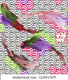 Set of  Fish Carp Koi on background of national oriental pattern, multi-colored fish scales Koi. Seamless pattern in bright colors.