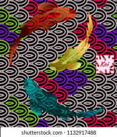 Set of  Fish Carp Koi on background of national oriental pattern, multi-colored fish scales Koi. Seamless pattern in bright colors.