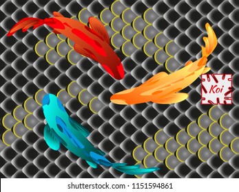 Set of  Fish Carp Koi on background of national oriental pattern, multi-colored fish scales Koi. Seamless pattern in bright colors.
