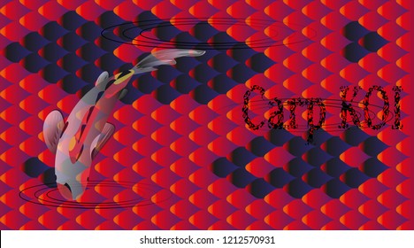 Set of Fish Carp Koi on background of national oriental pattern, multi-colored fish scales Koi. Seamless pattern in bright colors.