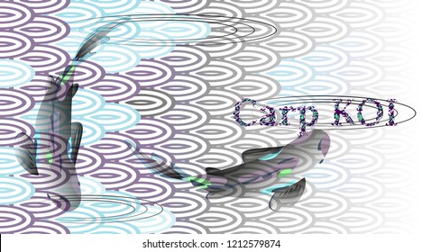 Set of Fish Carp Koi on background of national oriental pattern, multi-colored fish scales Koi. Seamless pattern in soft colors.