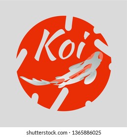 Set with fish, carp koi on  red background in round frame. Vector illustration, Cyprinus Carpio. For logo design, travel cards, guides, flag.