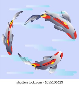 Set with fish, carp koi in water. Vector illustration, Cyprinus Carpio.