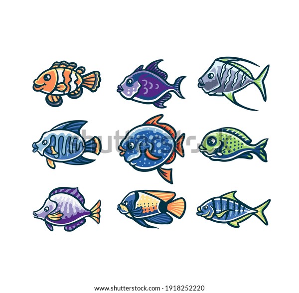 set of fish cartoon, hand drawn line style\
with digital color, vector\
illustration
