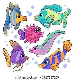 Set of fish in cartoon style isolated on white background. Vector illustration of different types of sea animals. Collection of funny fish for books, print, games.