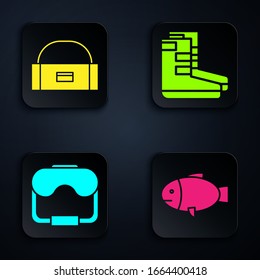 Set Fish, Case or box container for wobbler, Diving mask and Boots. Black square button. Vector