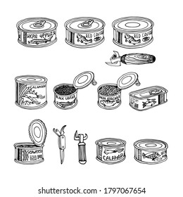 set of fish caviar, canned  squid & seaweed, delicious seafood, logo or emblem, vector illustration with black ink contour lines isolated on a white background in a hand drawn & doodle style