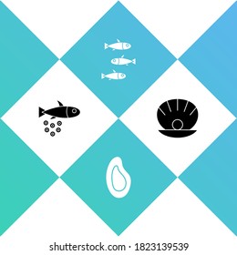 Set Fish with caviar, Mussel, Fishes and Shell pearl icon. Vector.