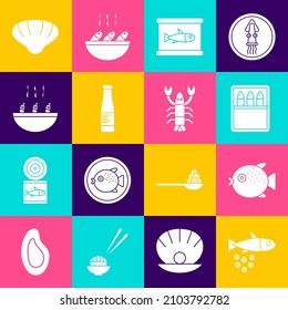 Set Fish with caviar, Puffer fish, Canned, Sauce bottle, Soup shrimps, Scallop sea shell and Lobster icon. Vector