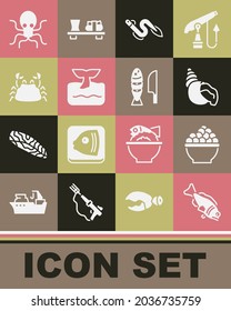 Set Fish, Caviar, Scallop sea shell, Eel fish, Whale tail in ocean wave, Crab, Octopus and with sliced pieces icon. Vector
