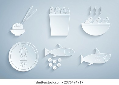 Set Fish with caviar, soup, Octopus on plate, Shark, Fishing bucket fishes and Sushi icon. Vector