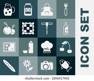 Set Fish, Cherry, Bottle of wine, Kitchen apron, Checkered napkin, Fruit, Jug glass with water and Wine corkscrew icon. Vector