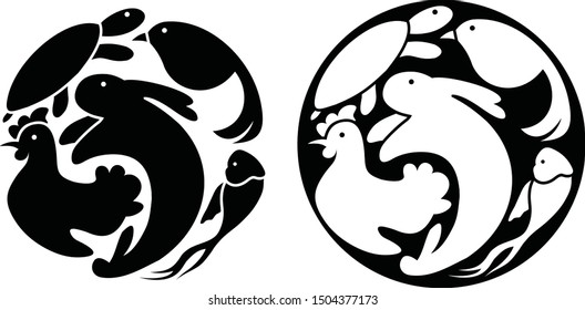 Set of Fish, Chicken, Rabbit and Turtle on circle logo template in flat design monogram illustration