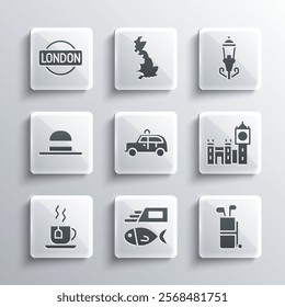 Set Fish and chips, Golf bag with clubs, Big Ben tower, Taxi car, Cup of tea tea, Elegant women hat, London sign and Vintage street light icon. Vector