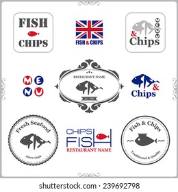 Set of fish and chips labels  and badges isolated on white background.  Vector illustration.