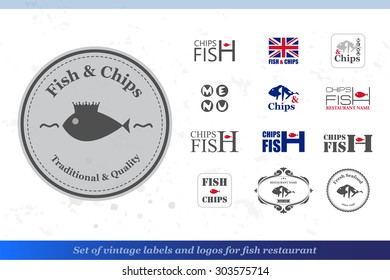 Set of fish and chips labels, logos and badges for fish restaurant style isolated on white background. Vector illustration.