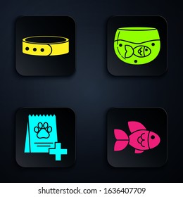 Set Fish, Collar with name tag, Bag of food for dog and Aquarium with fish. Black square button. Vector