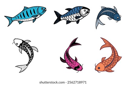 set of fish, Collection of vector hand drawn cute fishes in flat style. Fishes body vector icons big set. Vector illustration for icon, logo, print, icon, card, emblem, label. Aquarium.