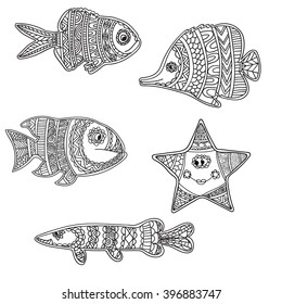 Set of Fish. Coloring book page for adults,zendala, design for relax and meditation.Black and white.Frame of animal made in vector.Fish Illustration for design, pattern, textiles. 
