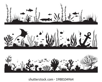 Set of fish and corals under the sea. Collection of the underwater world with marine inhabitants. Wall stickers. Vector illustration isolated on white background. Drawing with children.