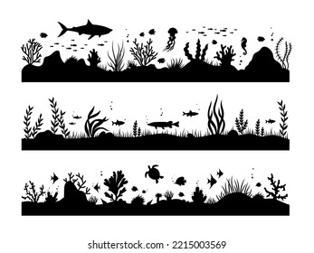 Set of fish and corals under the sea. Collection of the underwater world with marine inhabitants. Wall stickers. Vector illustration isolated on white background. Drawing with children.