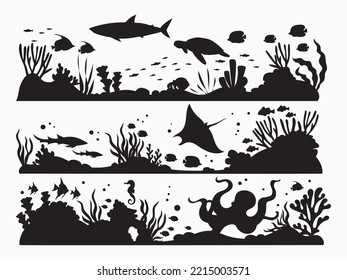 Set of fish and corals under the sea. Collection of the underwater world with marine inhabitants. Wall stickers. Vector illustration isolated on white background. Drawing with children.