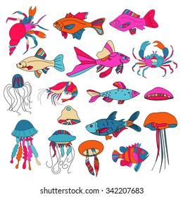 Set with fish, crabs, shrimp, cancer, jellyfish. Vector colorful elements in doodle style.