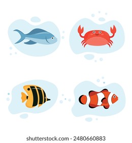 Set of fish and crab.Vector Illustration