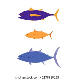 Set of fish of different color and size. Tuna isolated on white background